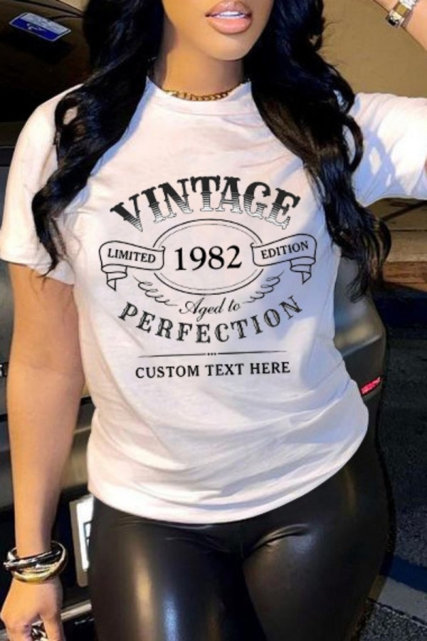 White Casual Letter Print Basic O Neck T-Shirts