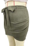 Army Green Casual Solid Patchwork With Bow Plus Size Skirt