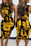 Khaki Casual Print Solid Basic O Neck Denim Dress Dresses