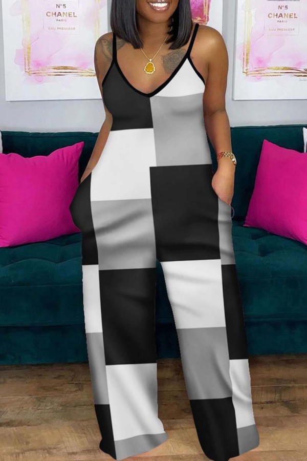 Black White Sexy Casual Print Backless Spaghetti Strap Regular Jumpsuits