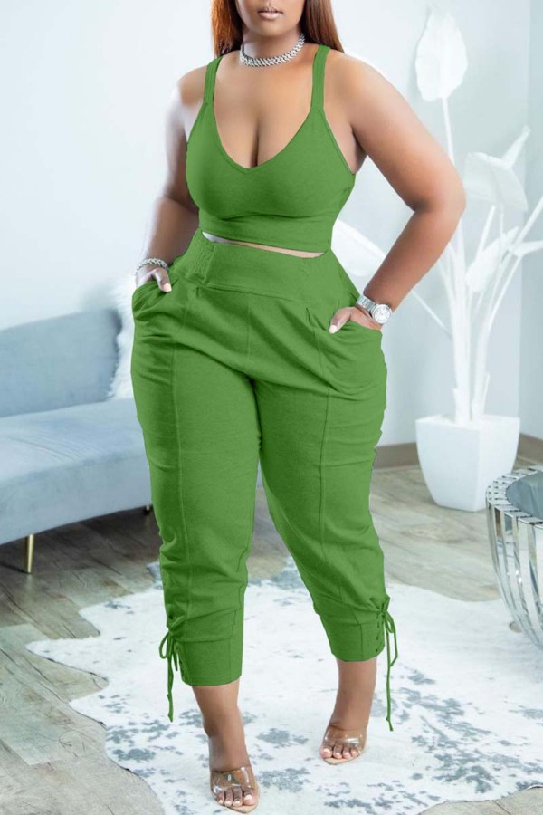 Green Sexy Casual Solid Backless V Neck Sleeveless Two Pieces