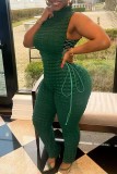 Ink Green Casual Solid Bandage Turtleneck Skinny Jumpsuits