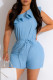 Light Blue Sexy Solid Patchwork Backless Oblique Collar Regular Romper