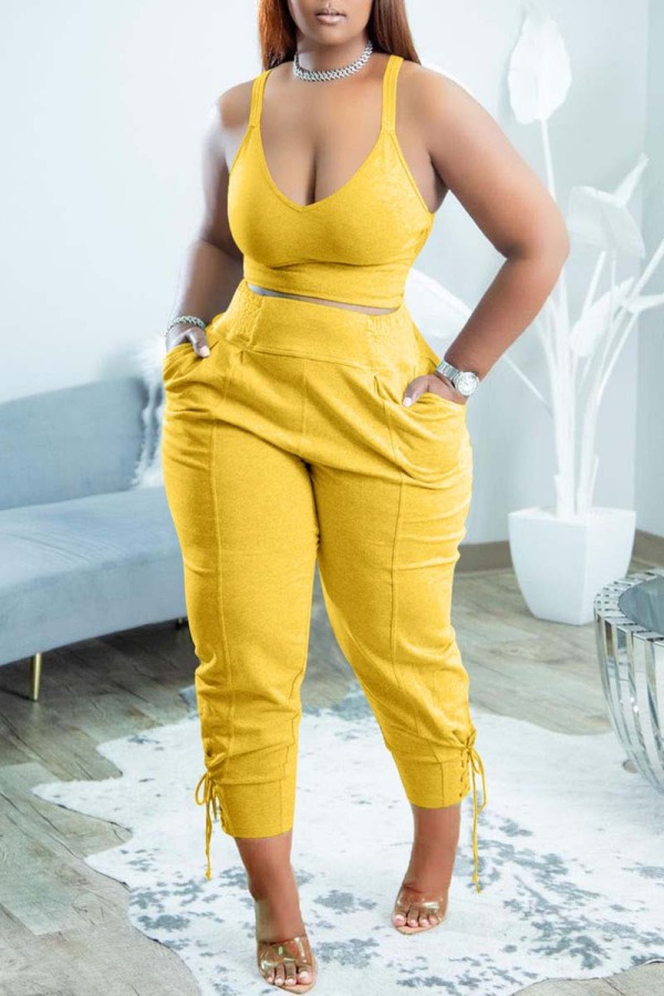Yellow Sexy Casual Solid Backless V Neck Sleeveless Two Pieces