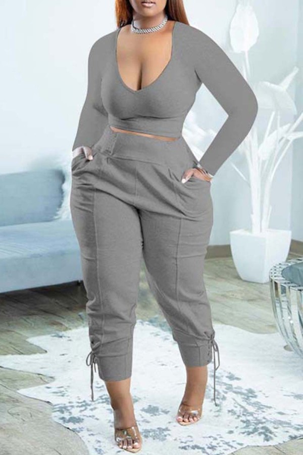 Grey Casual Solid Basic V Neck Long Sleeve Two Pieces