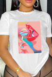 White Casual Print Basic O Neck T-Shirts