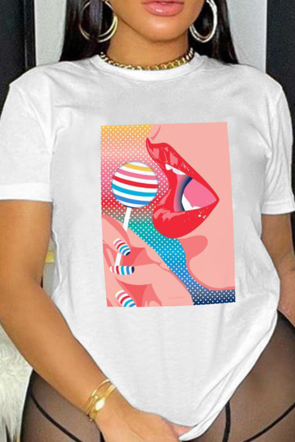 White Casual Print Basic O Neck T-Shirts