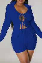 Blue Casual Solid Bandage V Neck Long Sleeve Two Pieces