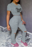 Grey Casual Letter Print Ripped Fold O Neck Short Sleeve Two Pieces