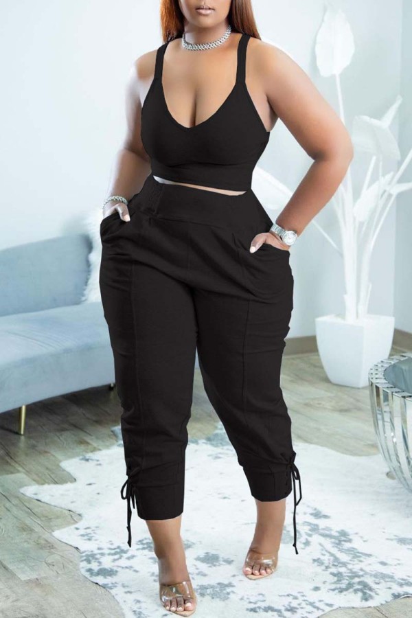 Black Sexy Casual Solid Backless V Neck Sleeveless Two Pieces