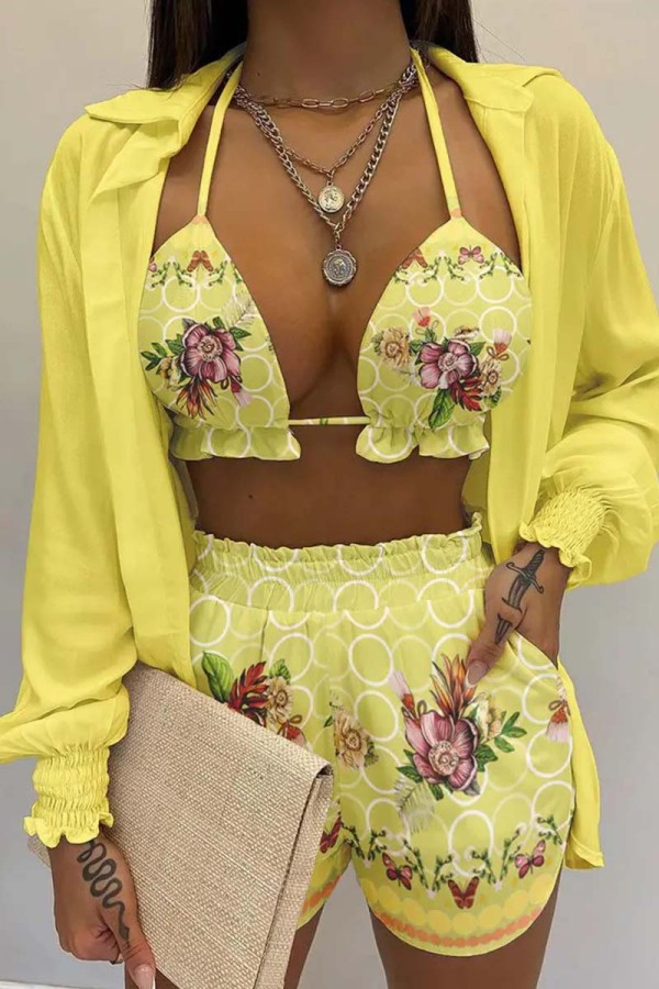 Light Yellow Sexy Casual Print Solid Basic Long Sleeve Three Piece Set