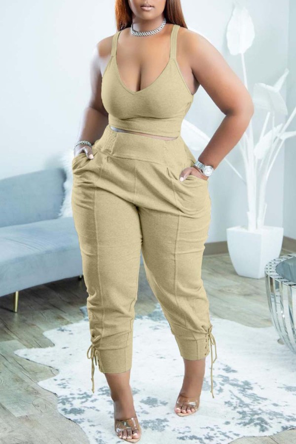 Khaki Sexy Casual Solid Backless V Neck Sleeveless Two Pieces