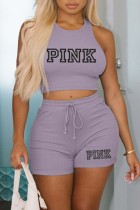 Purple Casual Letter Print Basic O Neck Sleeveless Two Pieces