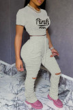 Pink Casual Letter Print Ripped Fold O Neck Short Sleeve Two Pieces