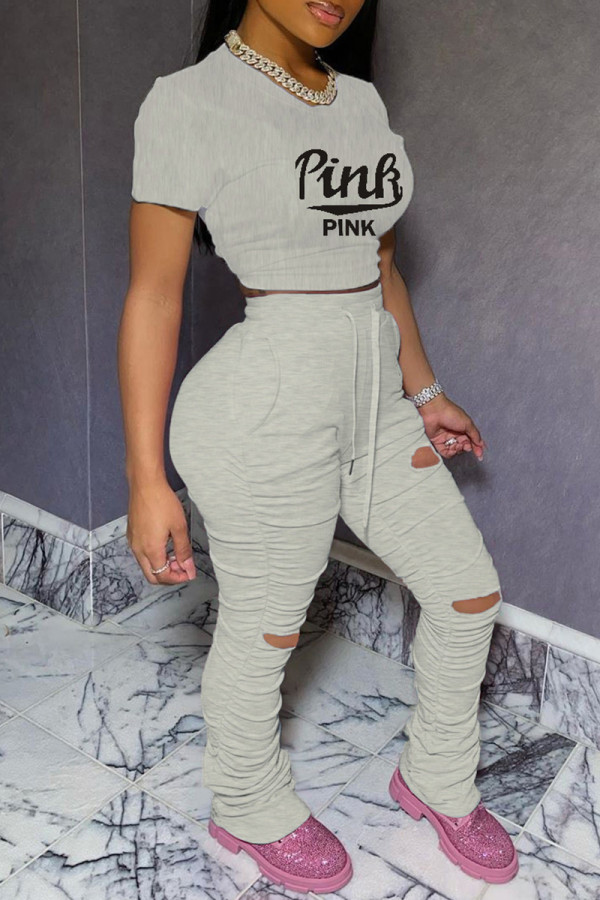 Cream White Casual Letter Print Ripped Fold O Neck Short Sleeve Two Pieces