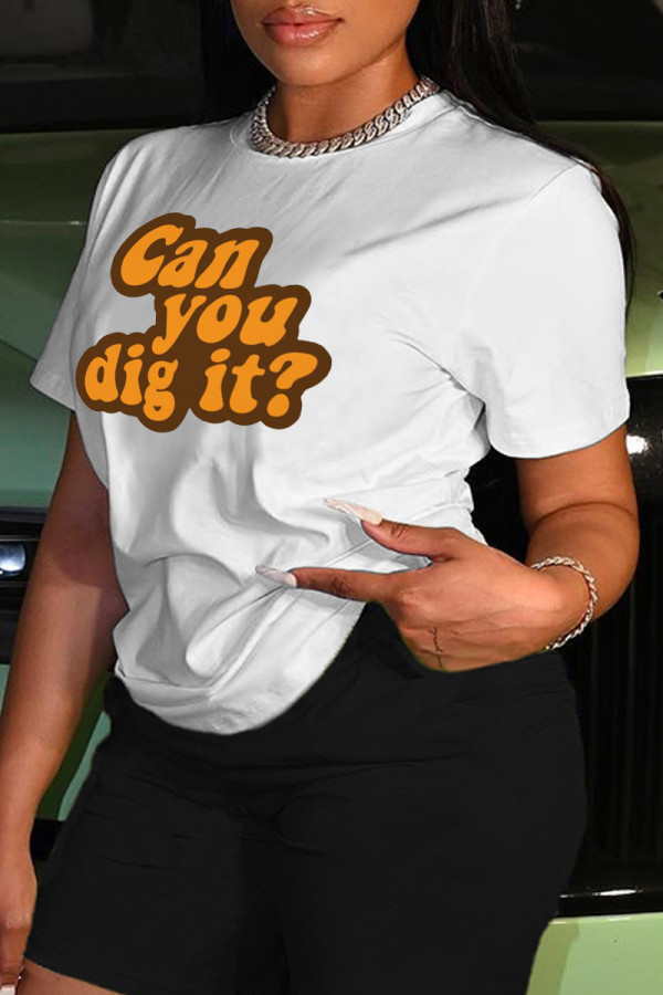 White Casual Letter Print Basic O Neck T-Shirts
