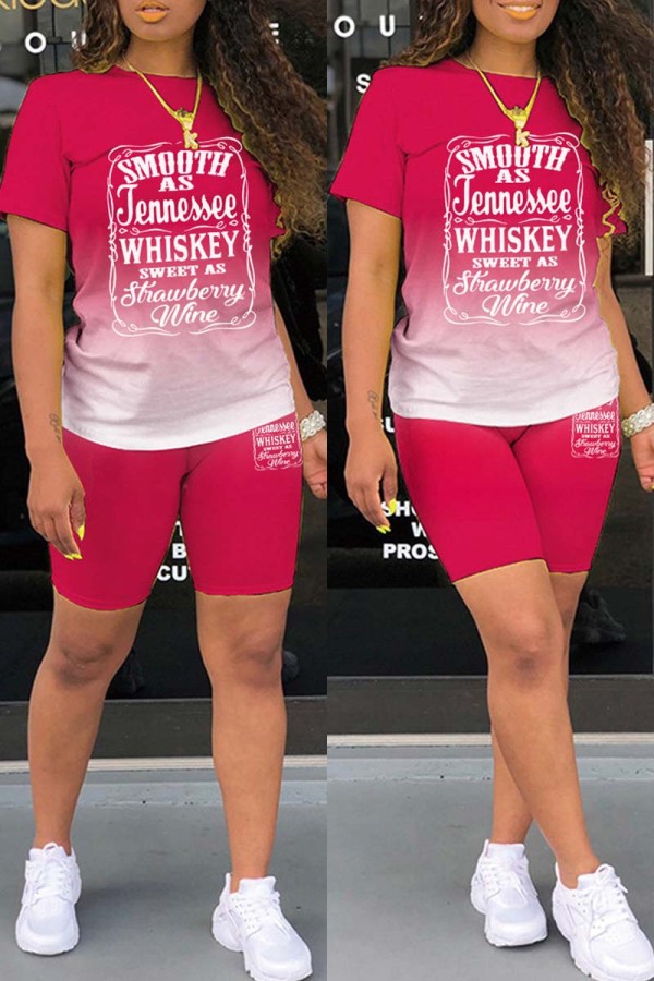 Rose Red Casual Gradual Change Letter Print Basic O Neck Short Sleeve Two Pieces