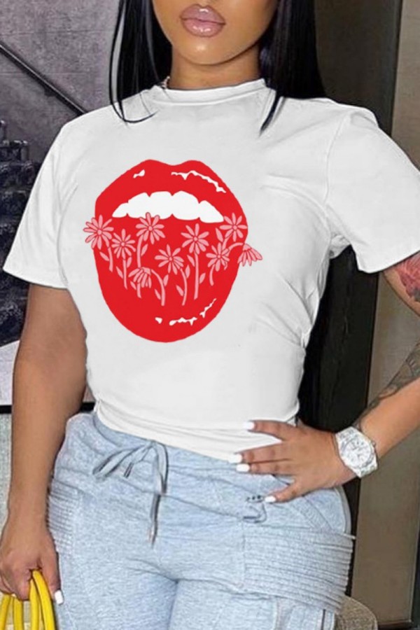 White Casual Print Basic O Neck T-Shirts