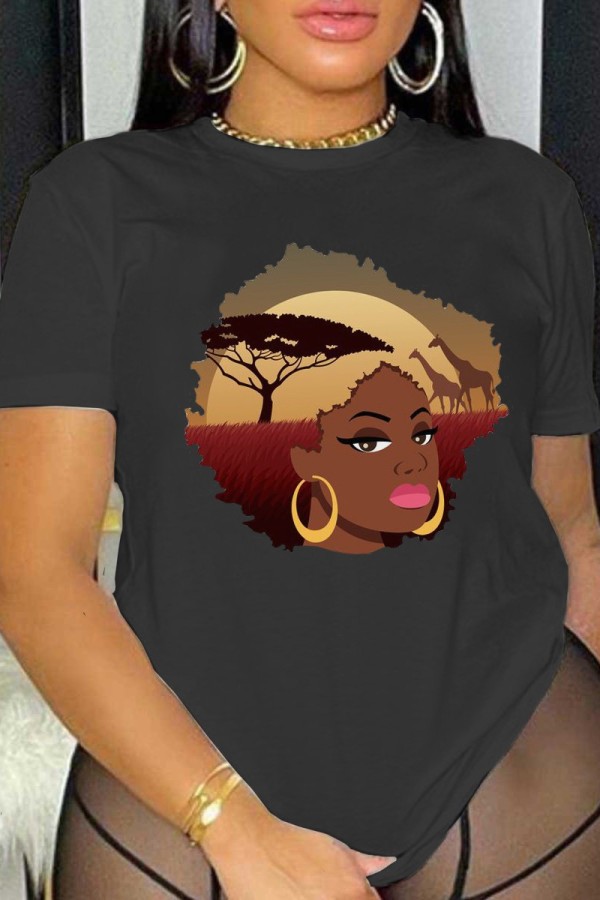 Black Casual Print Basic O Neck T-Shirts