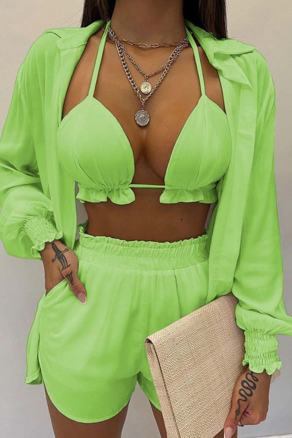 Fluorescent Green Sexy Casual Print Solid Basic Long Sleeve Three Piece Set