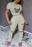 Pink Casual Letter Print Ripped Fold O Neck Short Sleeve Two Pieces