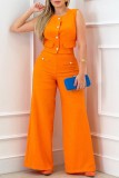 Orange Casual Solid Basic O Neck Two Pieces