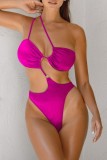 Rose Red Sexy Solid Backless Swimwears (With Paddings)