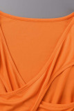 Tangerine Sexy Solid Hollowed Out Patchwork V Neck Short Sleeve Two Pieces