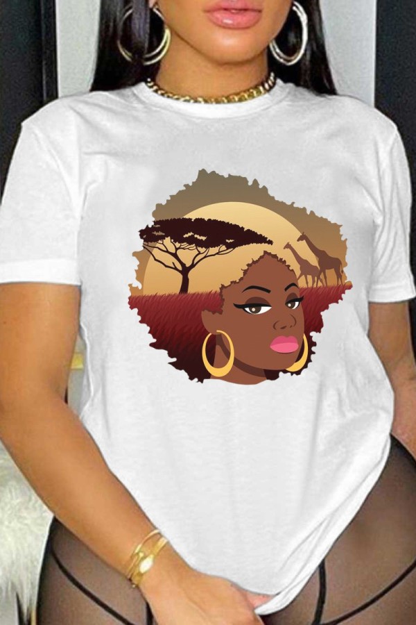 White Casual Print Basic O Neck T-Shirts