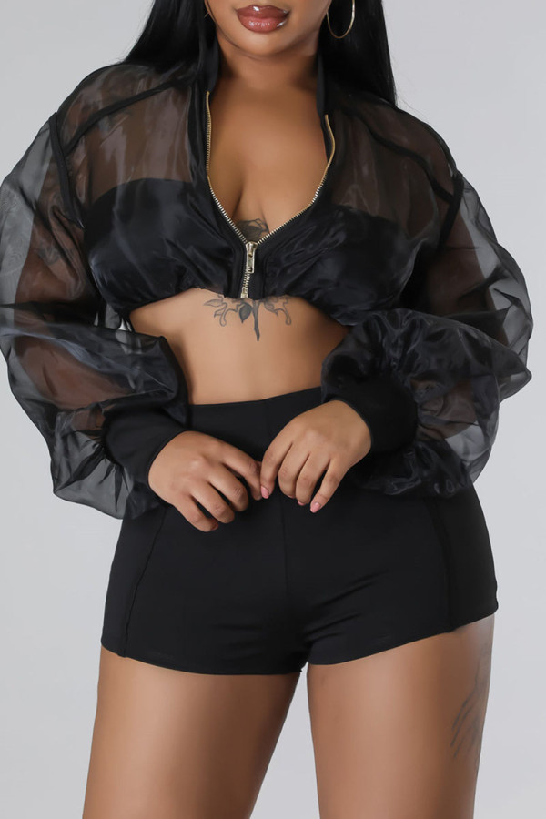 Black Sexy Solid Patchwork Zipper Long Sleeve Two Pieces