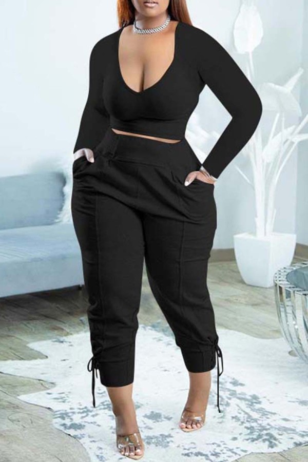 Black Casual Solid Basic V Neck Long Sleeve Two Pieces