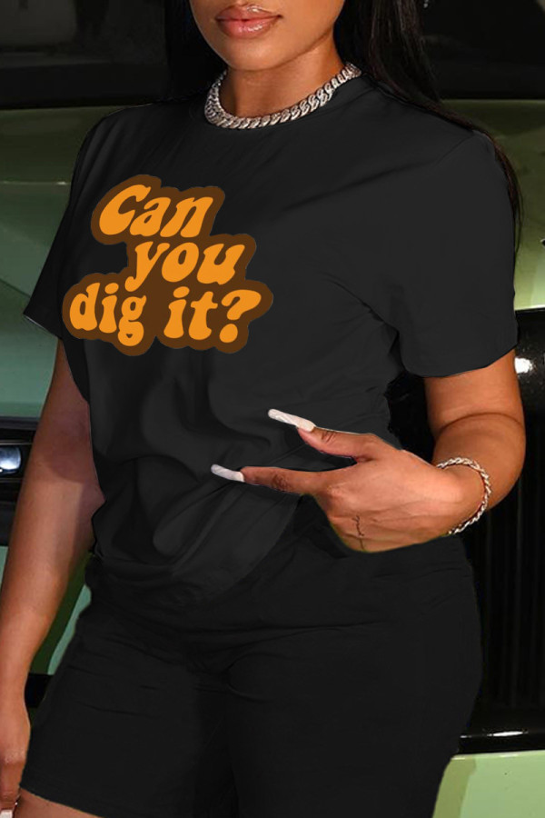 Black Casual Letter Print Basic O Neck T-Shirts