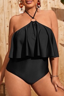 Black Sexy Solid Bandage Patchwork Backless Halter Plus Size Swimwear (With Paddings)