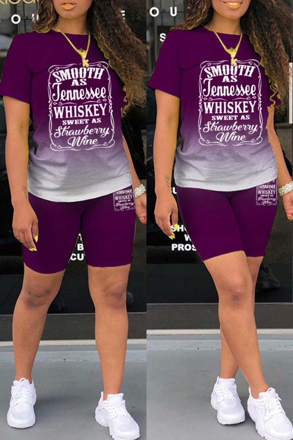 Purple Casual Gradual Change Letter Print Basic O Neck Short Sleeve Two Pieces