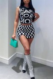 Black Sexy Letter Plaid Print Basic O Neck Sleeveless Two Pieces
