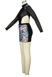 Black Sexy Geometric Hollowed Out See-through Half A Turtleneck Pencil Skirt Dresses