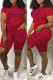 Red Casual Print Letter O Neck Short Sleeve Two Pieces