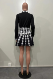Black Sexy Plaid Patchwork Half A Turtleneck Long Sleeve Two Pieces