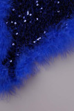 Blue Sexy Solid Sequins Patchwork Feathers Off the Shoulder Skinny Bodysuits