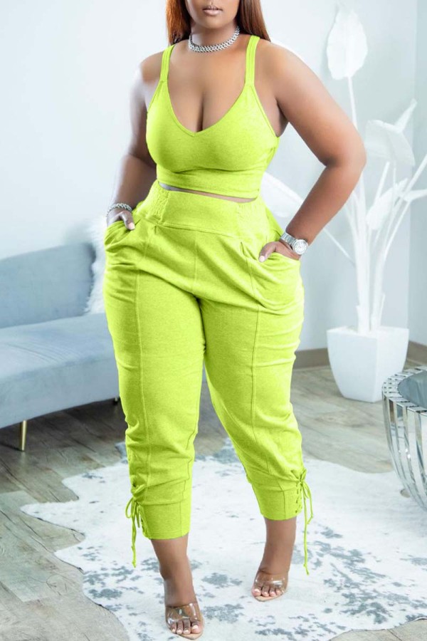 Fluorescent Green Sexy Casual Solid Backless V Neck Sleeveless Two Pieces