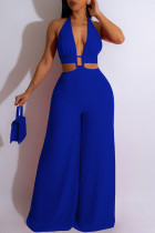 Blue Sexy Solid Patchwork Backless Halter Straight Jumpsuits
