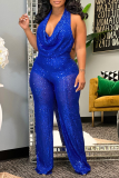 Blue Sexy Patchwork Sequins Halter Boot Cut Jumpsuits