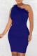 Deep Blue Sexy Solid Patchwork Feathers Oblique Collar One Step Skirt Dresses