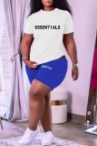 Blue Casual Print Letter O Neck Short Sleeve Two Pieces