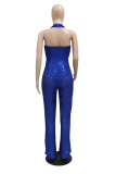 Blue Sexy Patchwork Sequins Halter Boot Cut Jumpsuits