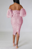 Pink Sexy Formal Patchwork Sequins Backless Off the Shoulder Evening Dress Dresses