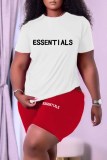 Blue Casual Print Letter O Neck Short Sleeve Two Pieces