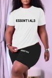 Blue Casual Print Letter O Neck Short Sleeve Two Pieces