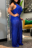Blue Sexy Patchwork Sequins Halter Boot Cut Jumpsuits