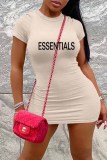 Pink Casual Print Letter O Neck One Step Skirt Dresses